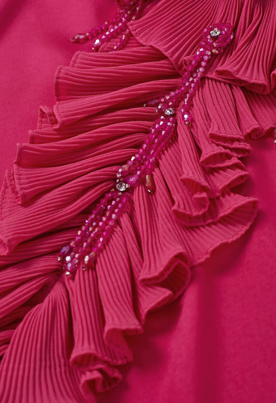 Luscious Ruffle Spliced Plisse Sleeves Top in Magenta