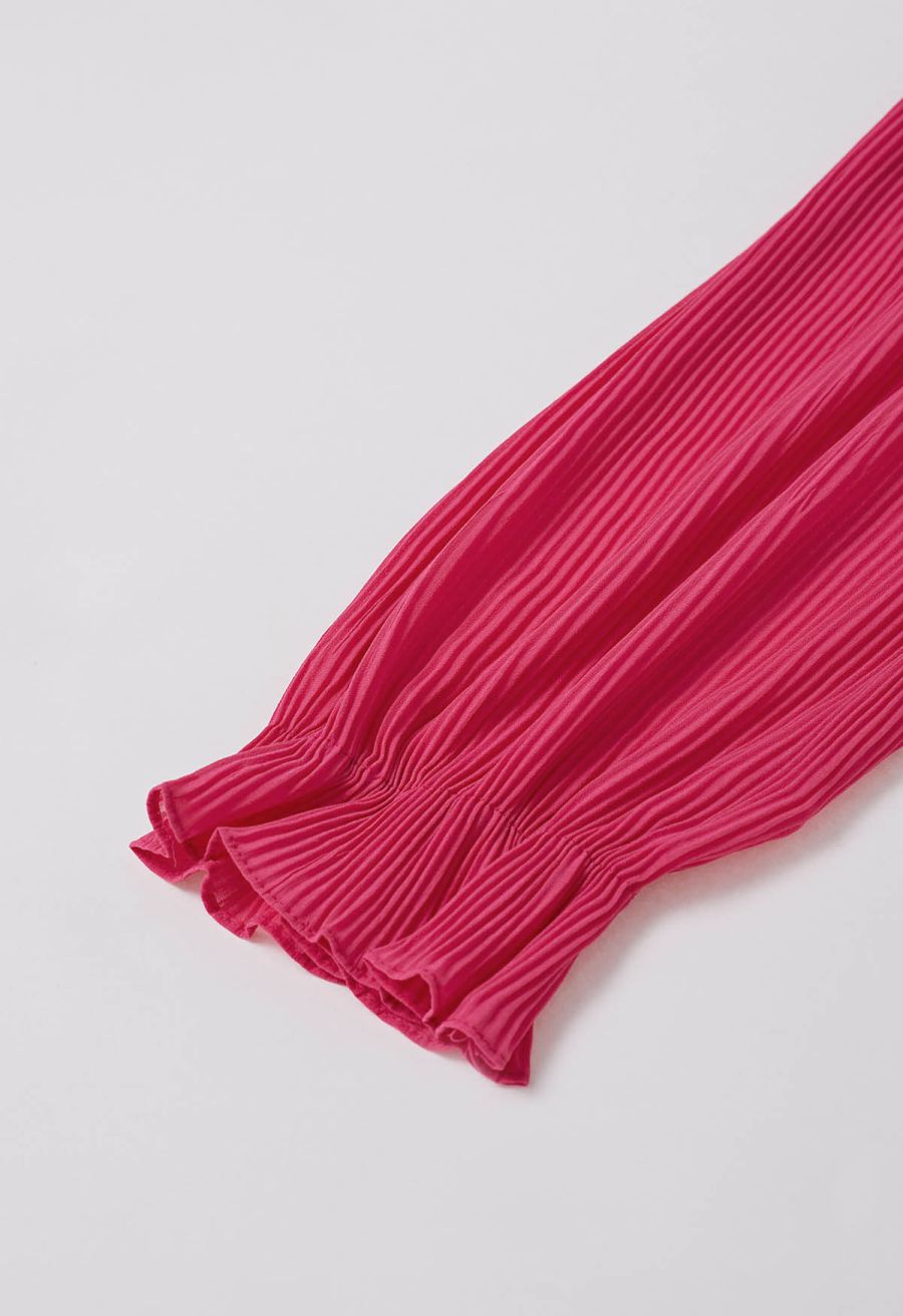 Luscious Ruffle Spliced Plisse Sleeves Top in Magenta