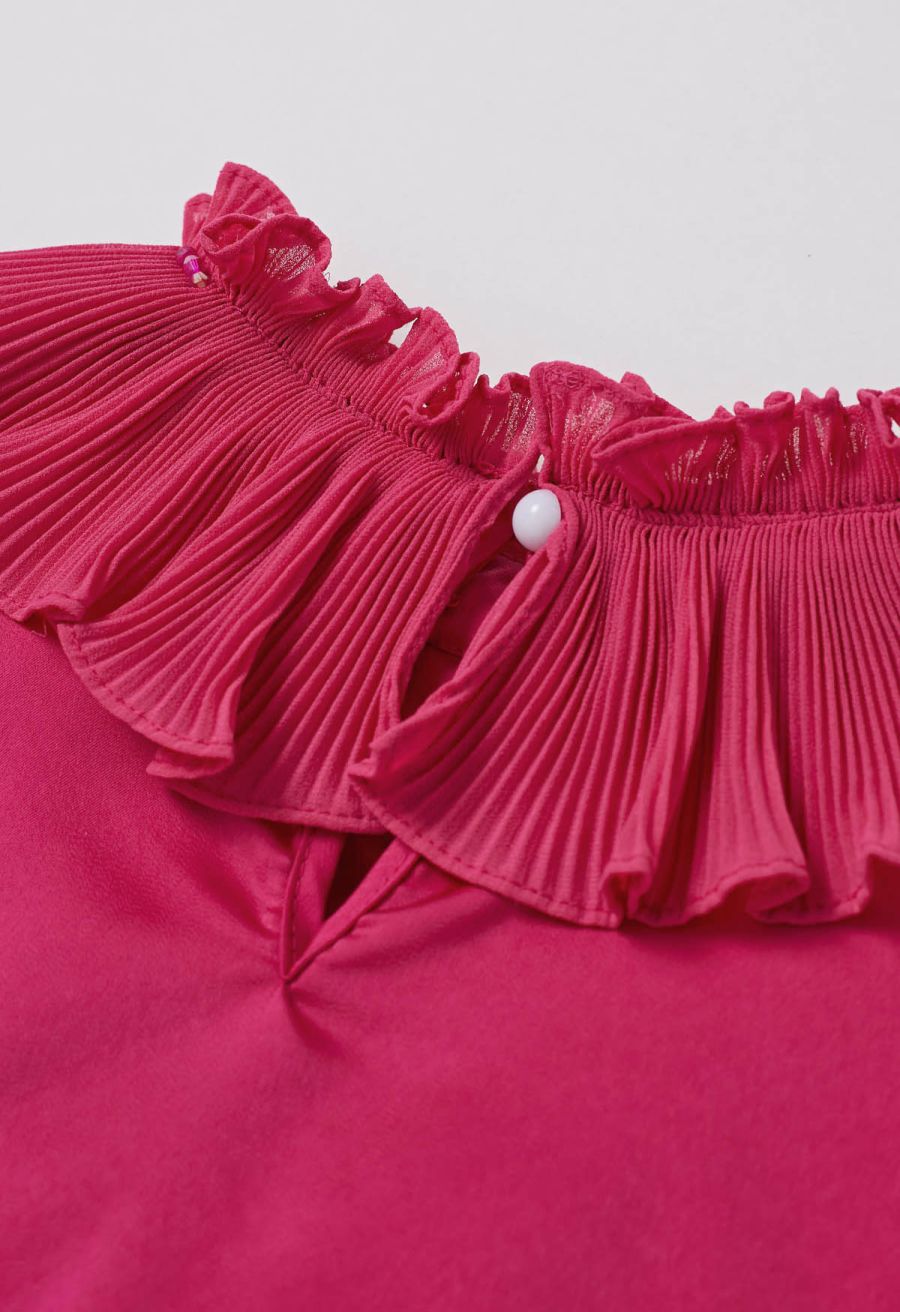 Luscious Ruffle Spliced Plisse Sleeves Top in Magenta