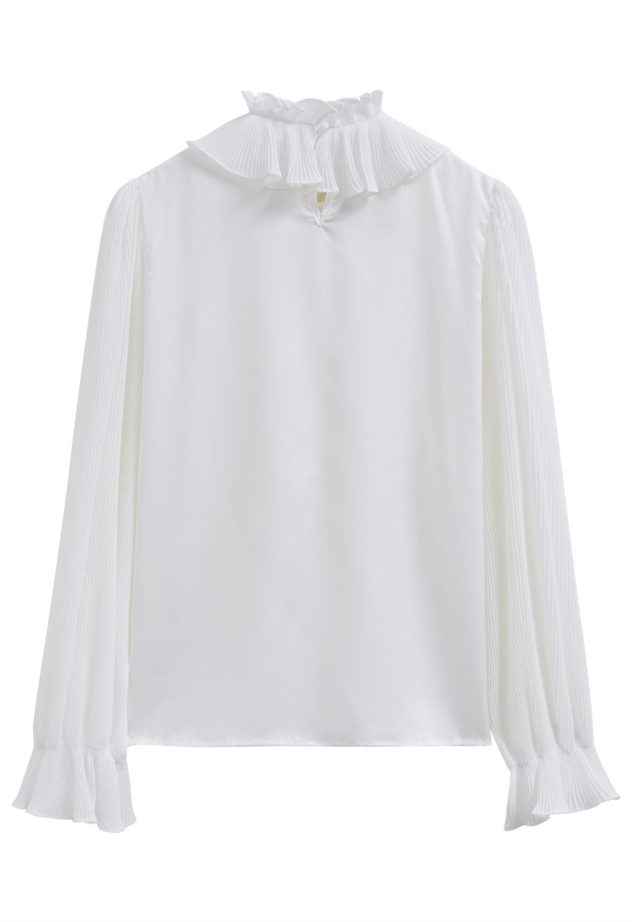 Luscious Ruffle Spliced Plisse Sleeves Top in White