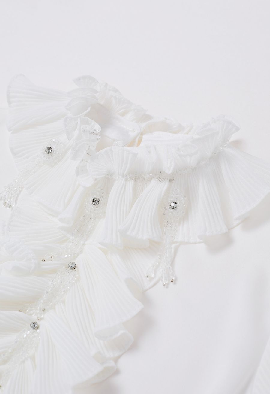 Luscious Ruffle Spliced Plisse Sleeves Top in White