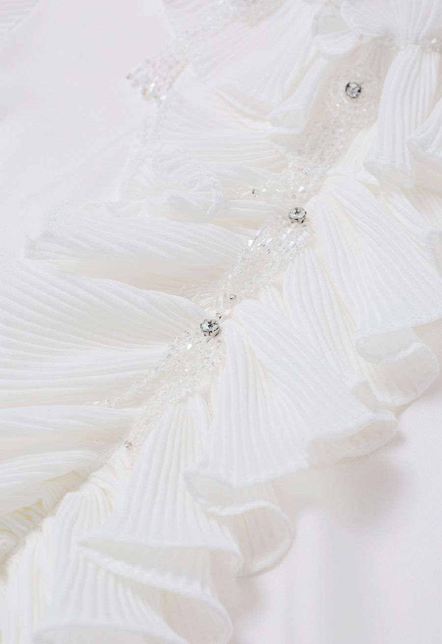 Luscious Ruffle Spliced Plisse Sleeves Top in White