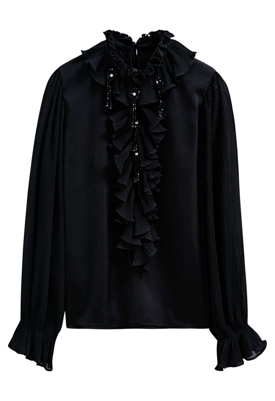 Luscious Ruffle Spliced Plisse Sleeves Top in Black