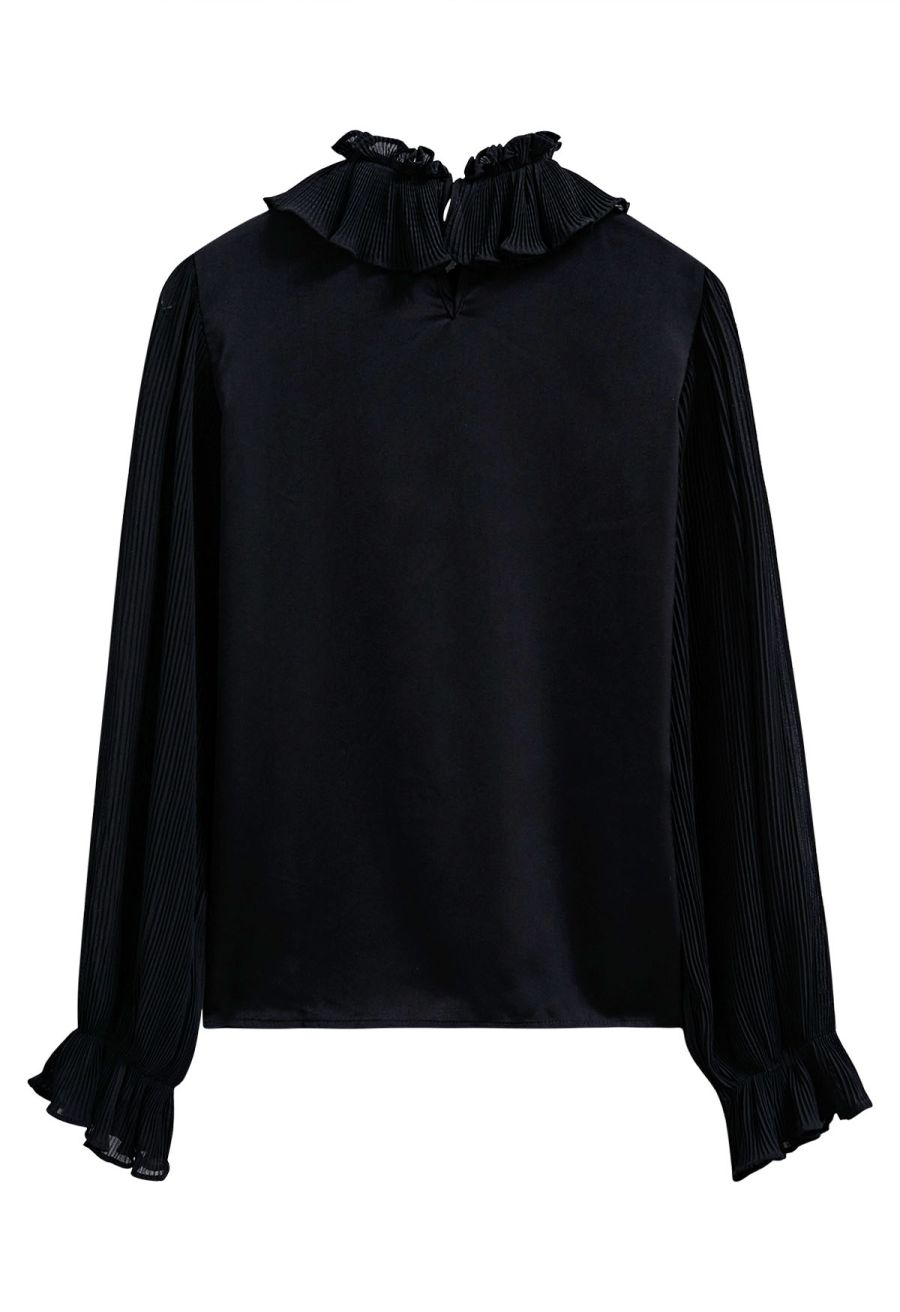 Luscious Ruffle Spliced Plisse Sleeves Top in Black