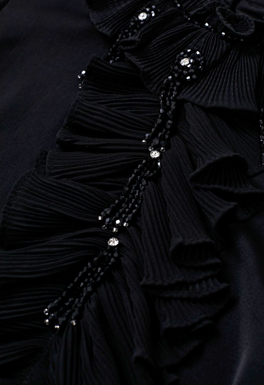 Luscious Ruffle Spliced Plisse Sleeves Top in Black
