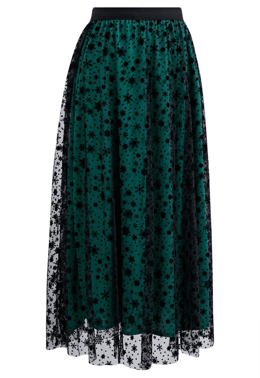 Velvet Snowflake Mesh Tulle Midi Skirt in Dark Green