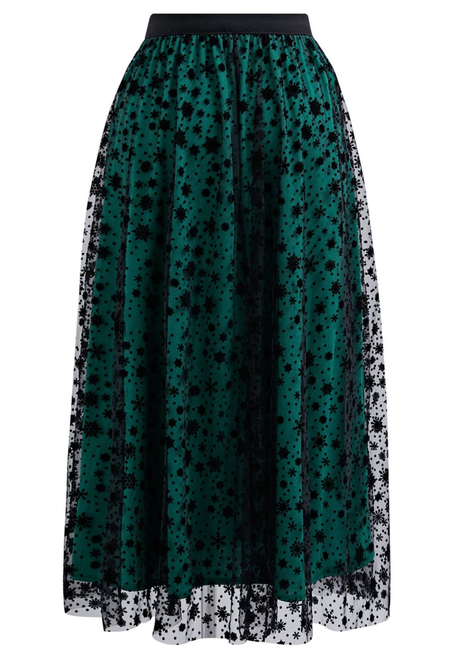 Velvet Snowflake Mesh Tulle Midi Skirt in Dark Green