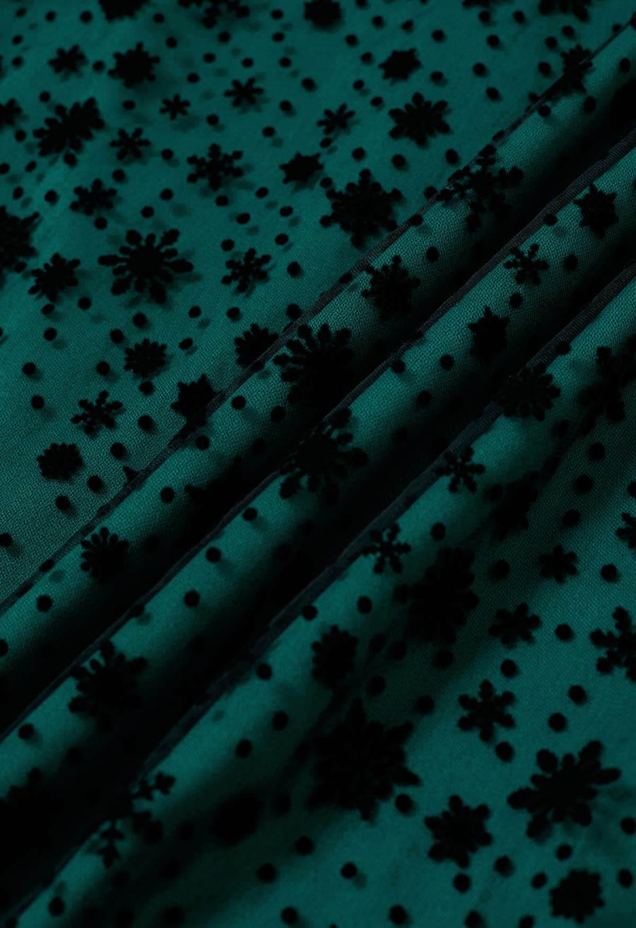 Velvet Snowflake Mesh Tulle Midi Skirt in Dark Green