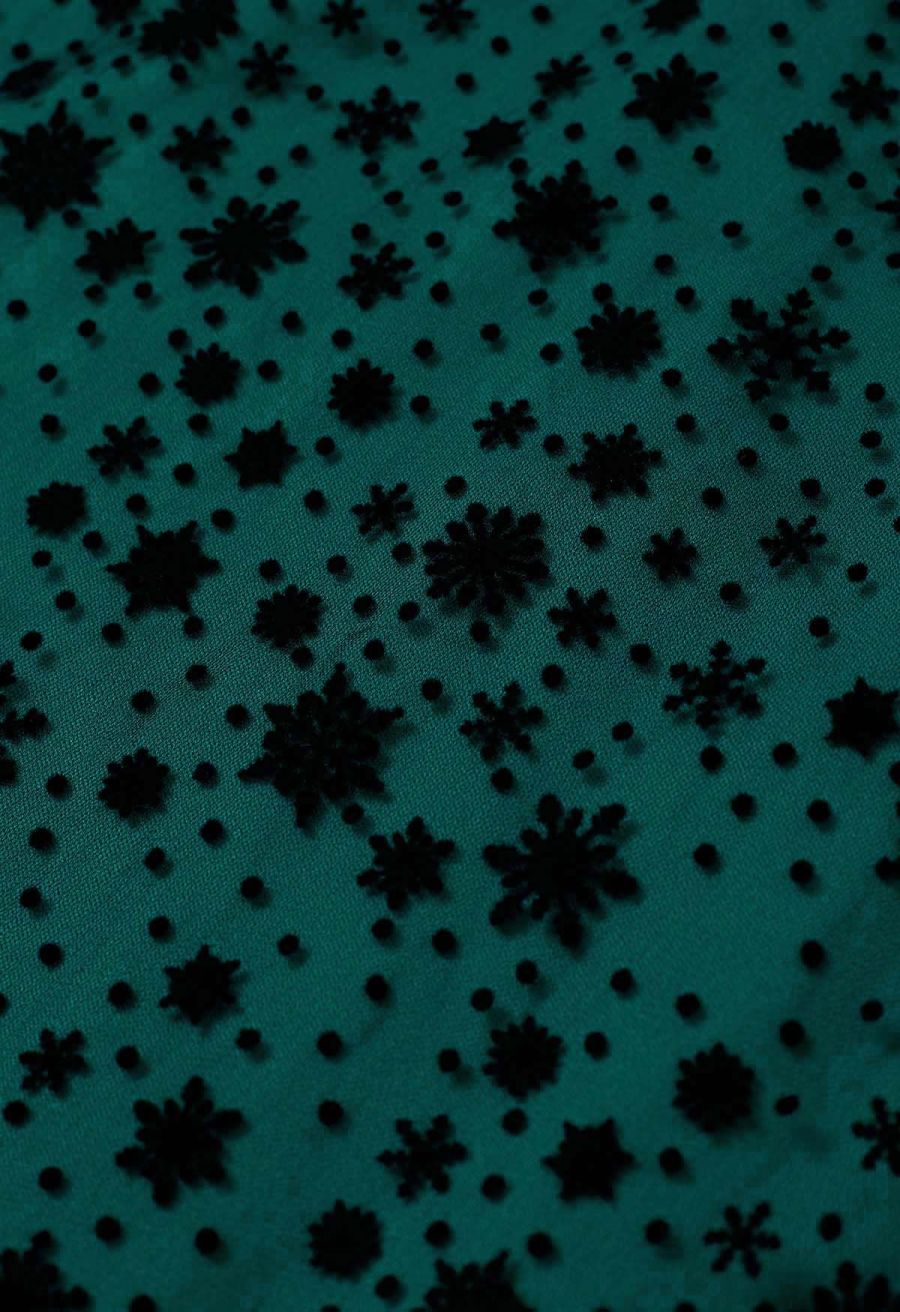 Velvet Snowflake Mesh Tulle Midi Skirt in Dark Green