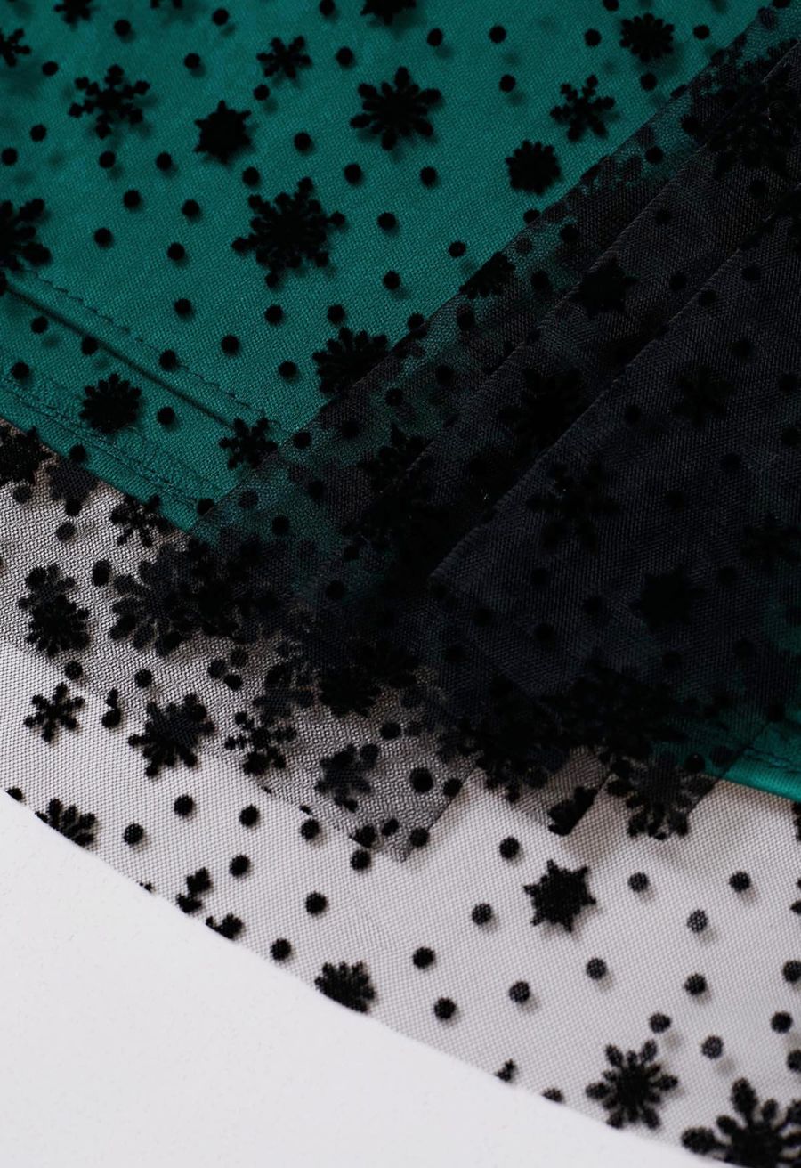 Velvet Snowflake Mesh Tulle Midi Skirt in Dark Green