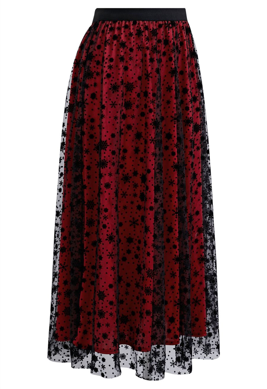 Velvet Snowflake Mesh Tulle Midi Skirt in Red