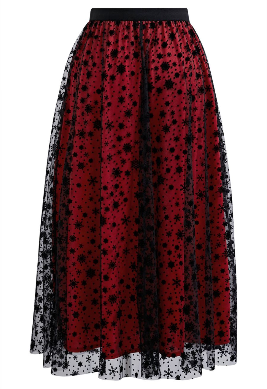 Velvet Snowflake Mesh Tulle Midi Skirt in Red