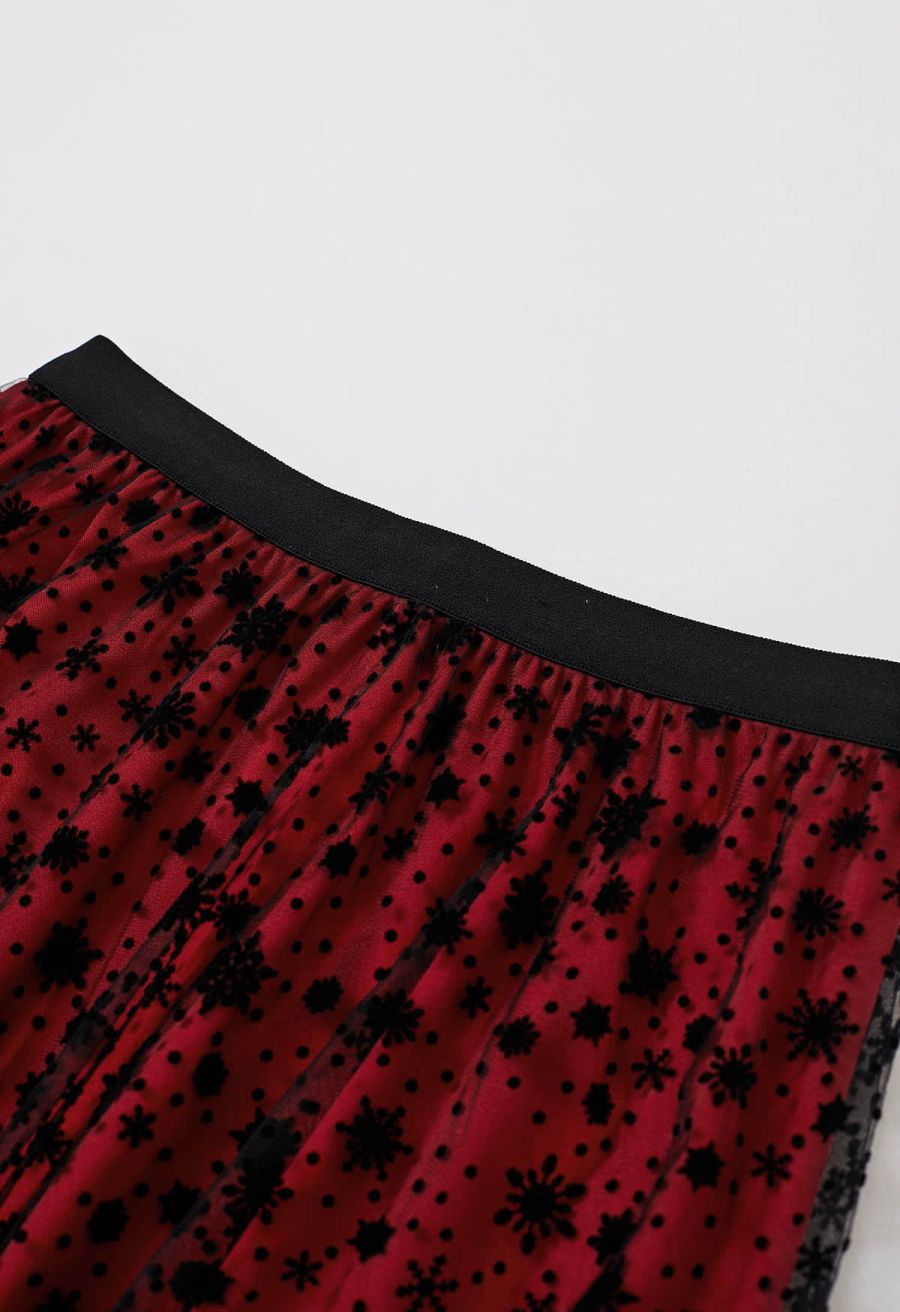 Velvet Snowflake Mesh Tulle Midi Skirt in Red
