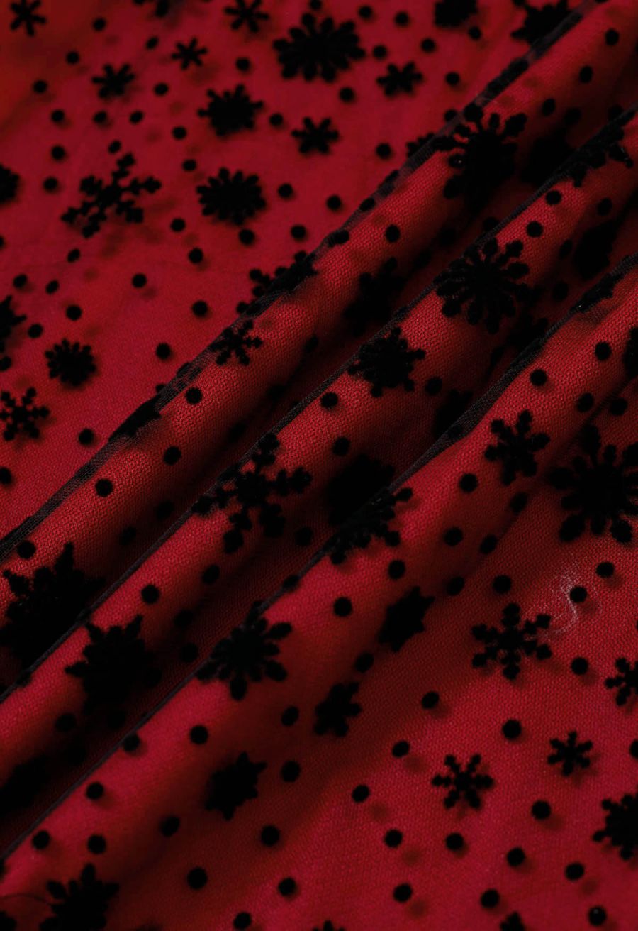 Velvet Snowflake Mesh Tulle Midi Skirt in Red