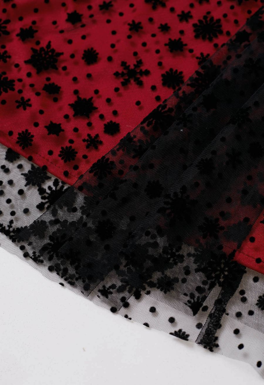 Velvet Snowflake Mesh Tulle Midi Skirt in Red