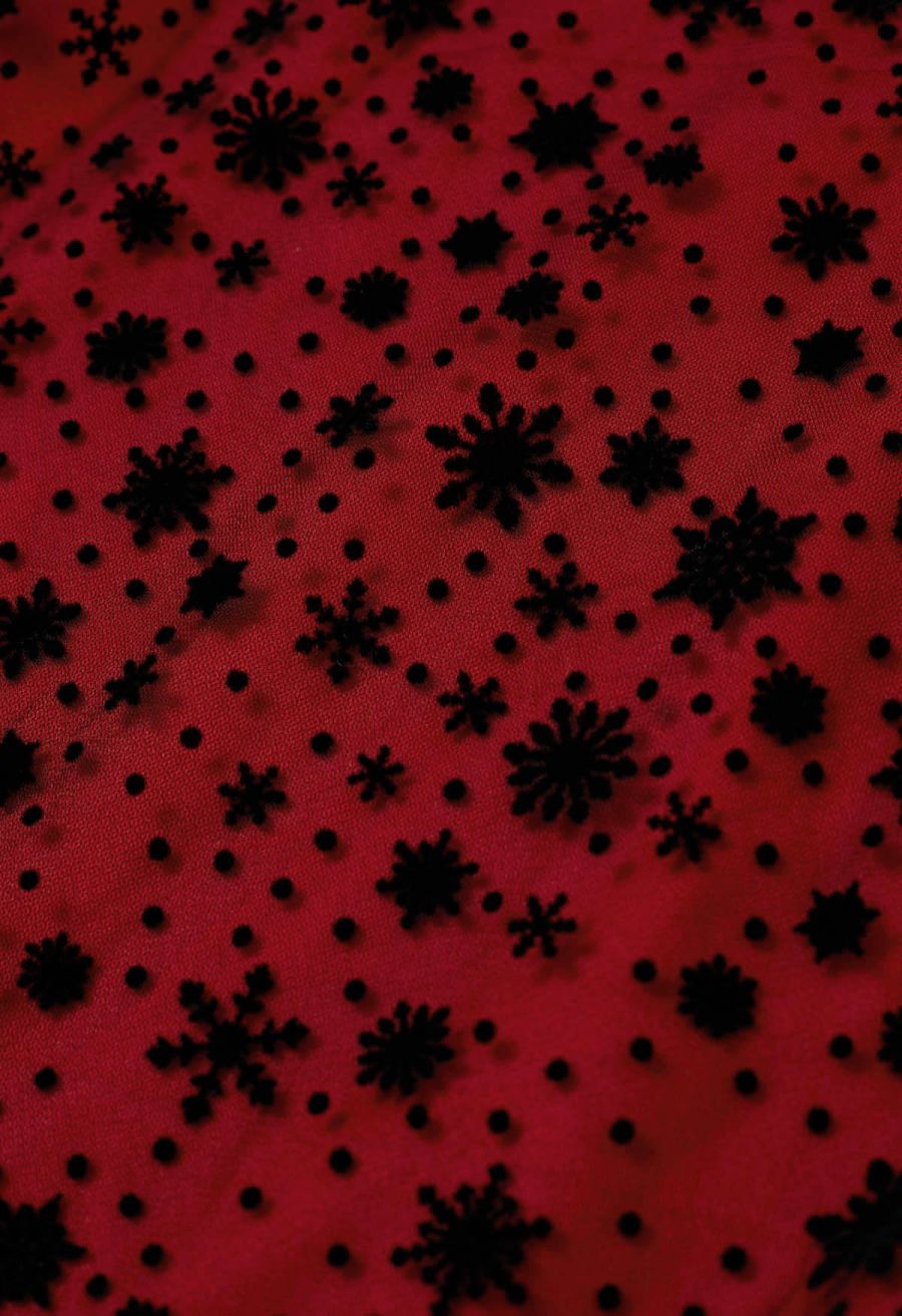 Velvet Snowflake Mesh Tulle Midi Skirt in Red