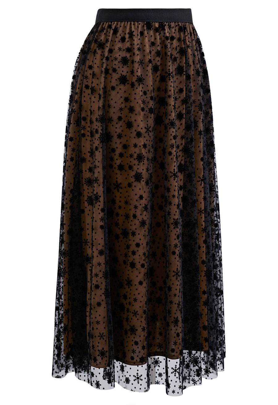 Velvet Snowflake Mesh Tulle Midi Skirt in Tan