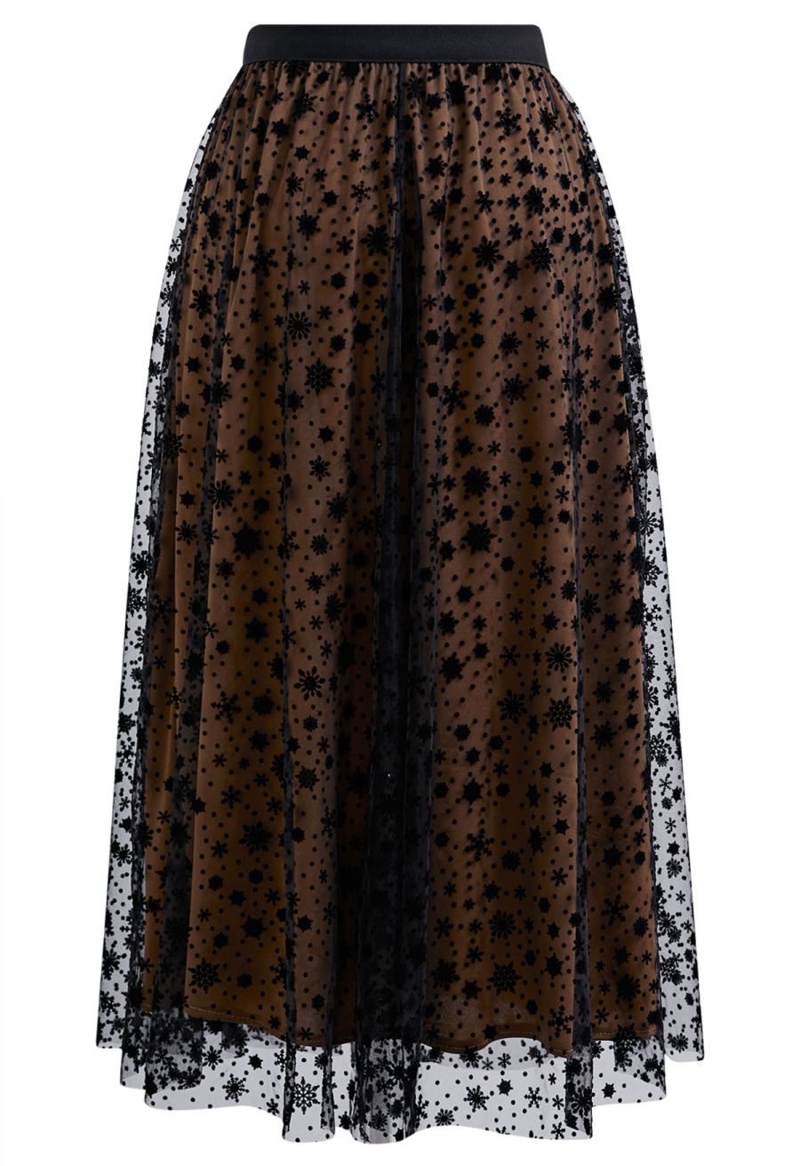 Velvet Snowflake Mesh Tulle Midi Skirt in Tan