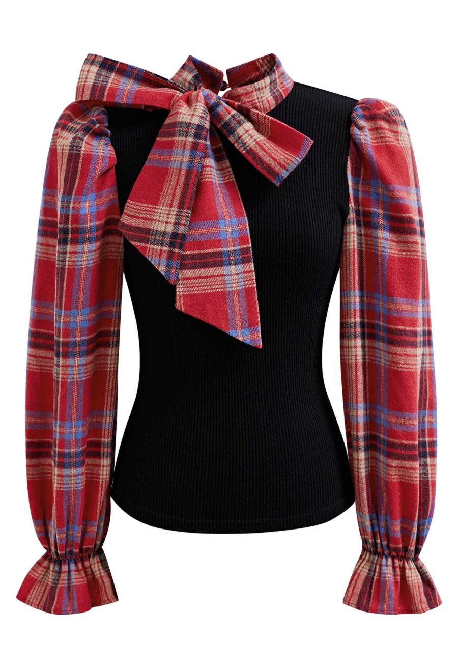 Detachable Bowknot Check Spliced Knit Top in Red
