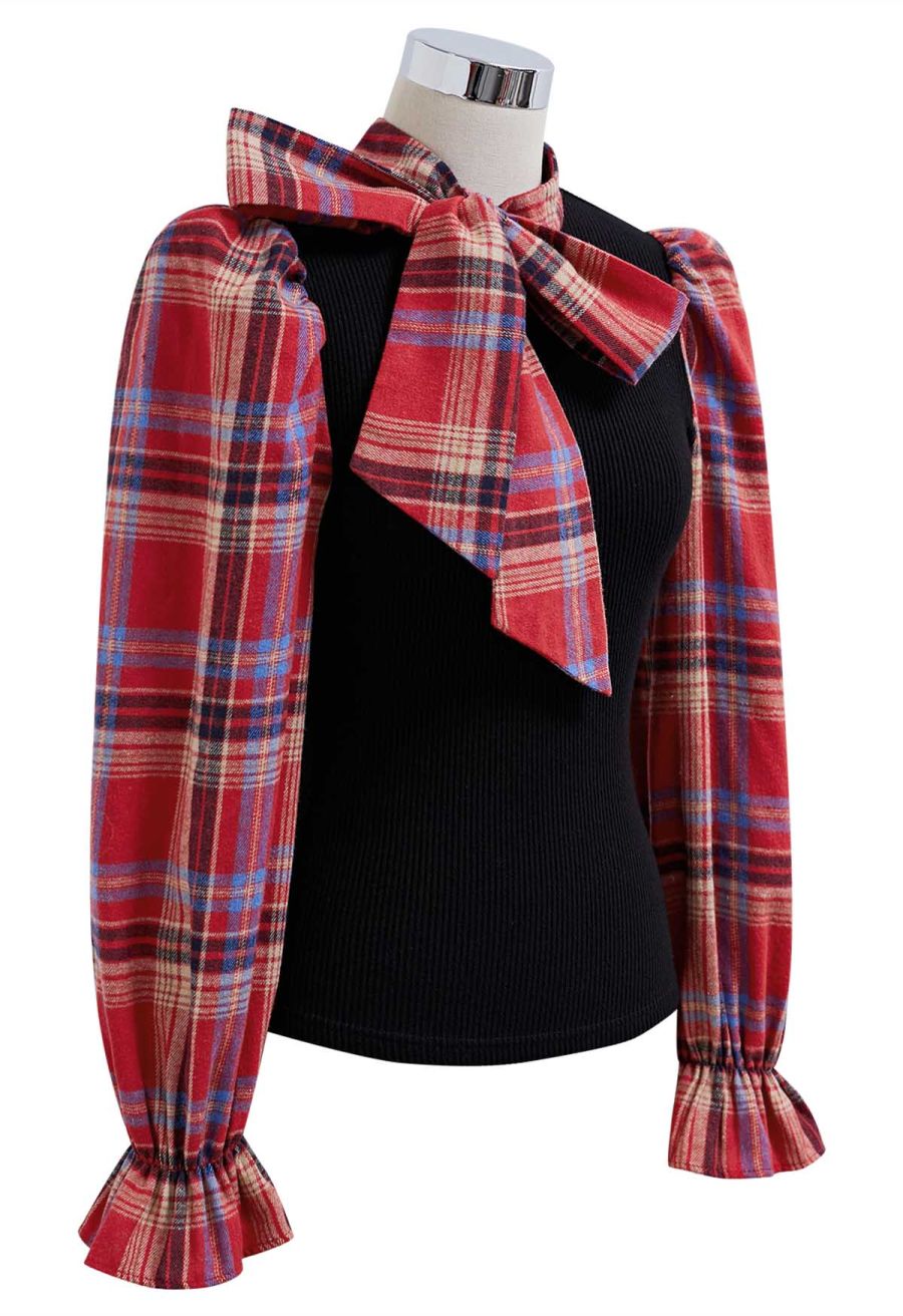 Detachable Bowknot Check Spliced Knit Top in Red
