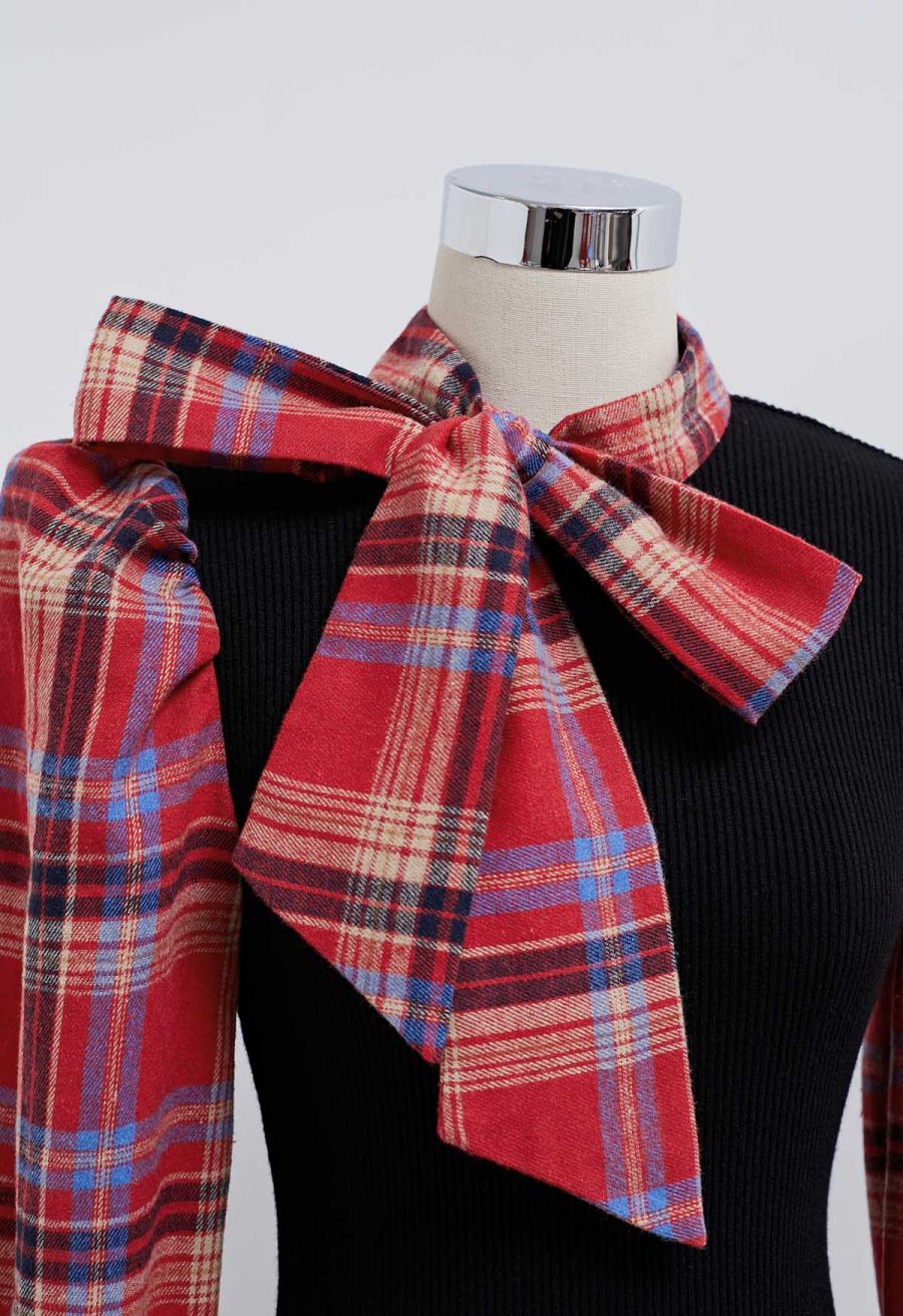 Detachable Bowknot Check Spliced Knit Top in Red