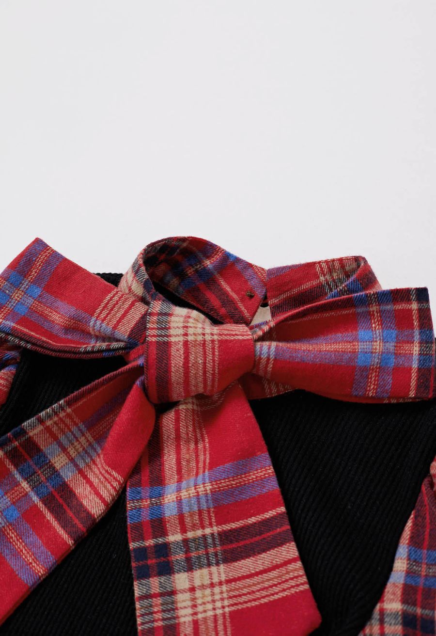 Detachable Bowknot Check Spliced Knit Top in Red
