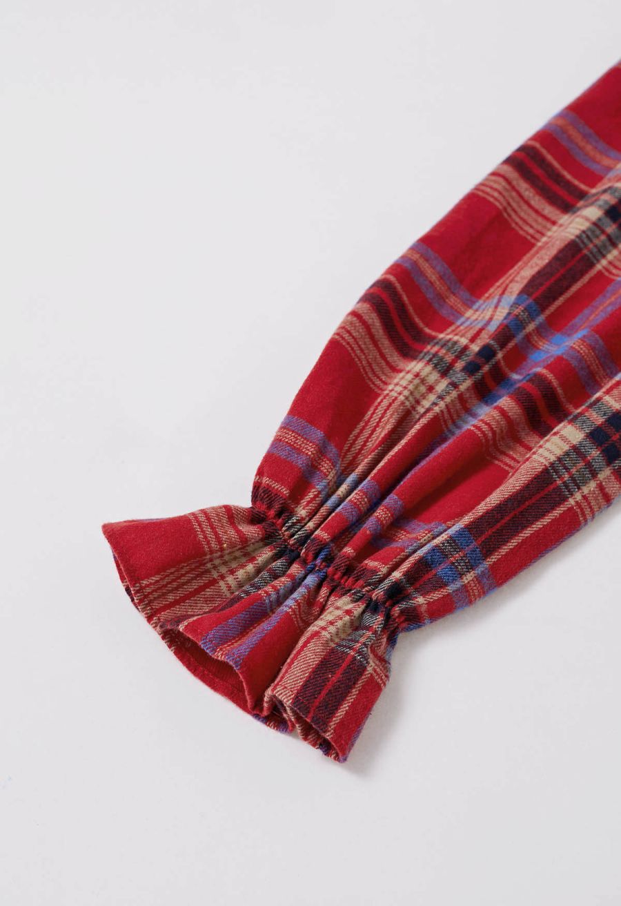 Detachable Bowknot Check Spliced Knit Top in Red