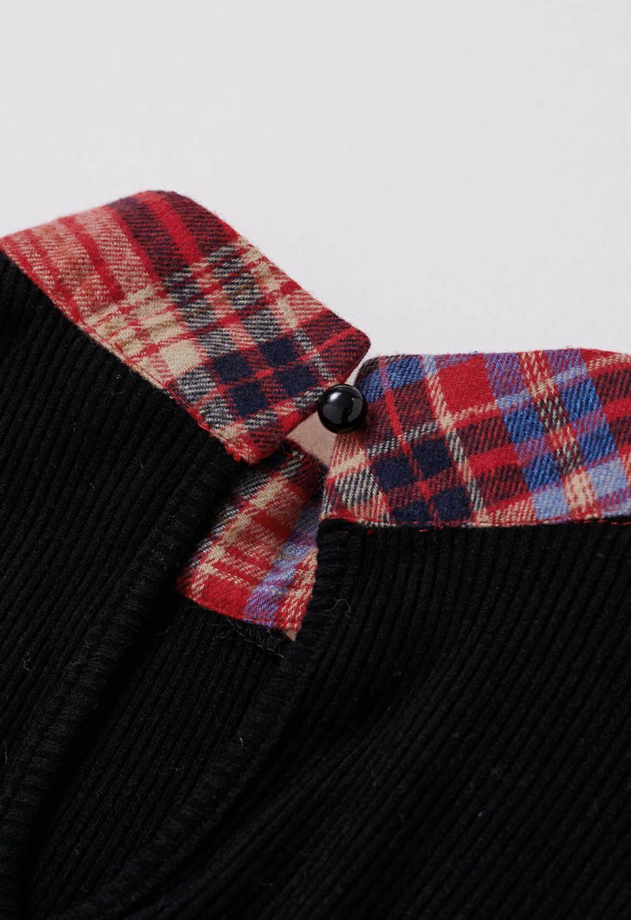 Detachable Bowknot Check Spliced Knit Top in Red