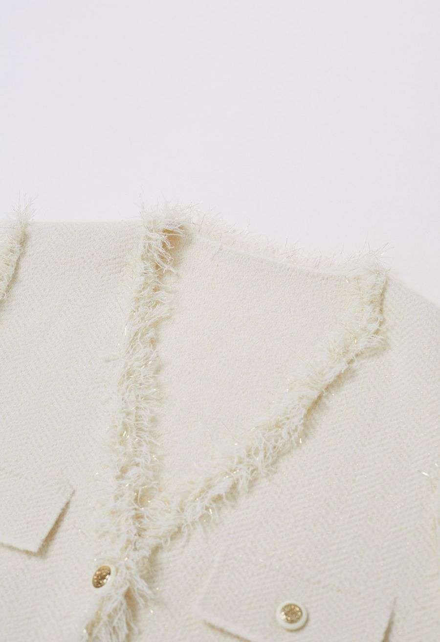Fringed Edge Buttoned Flap Pocket Knit Vest in Cream