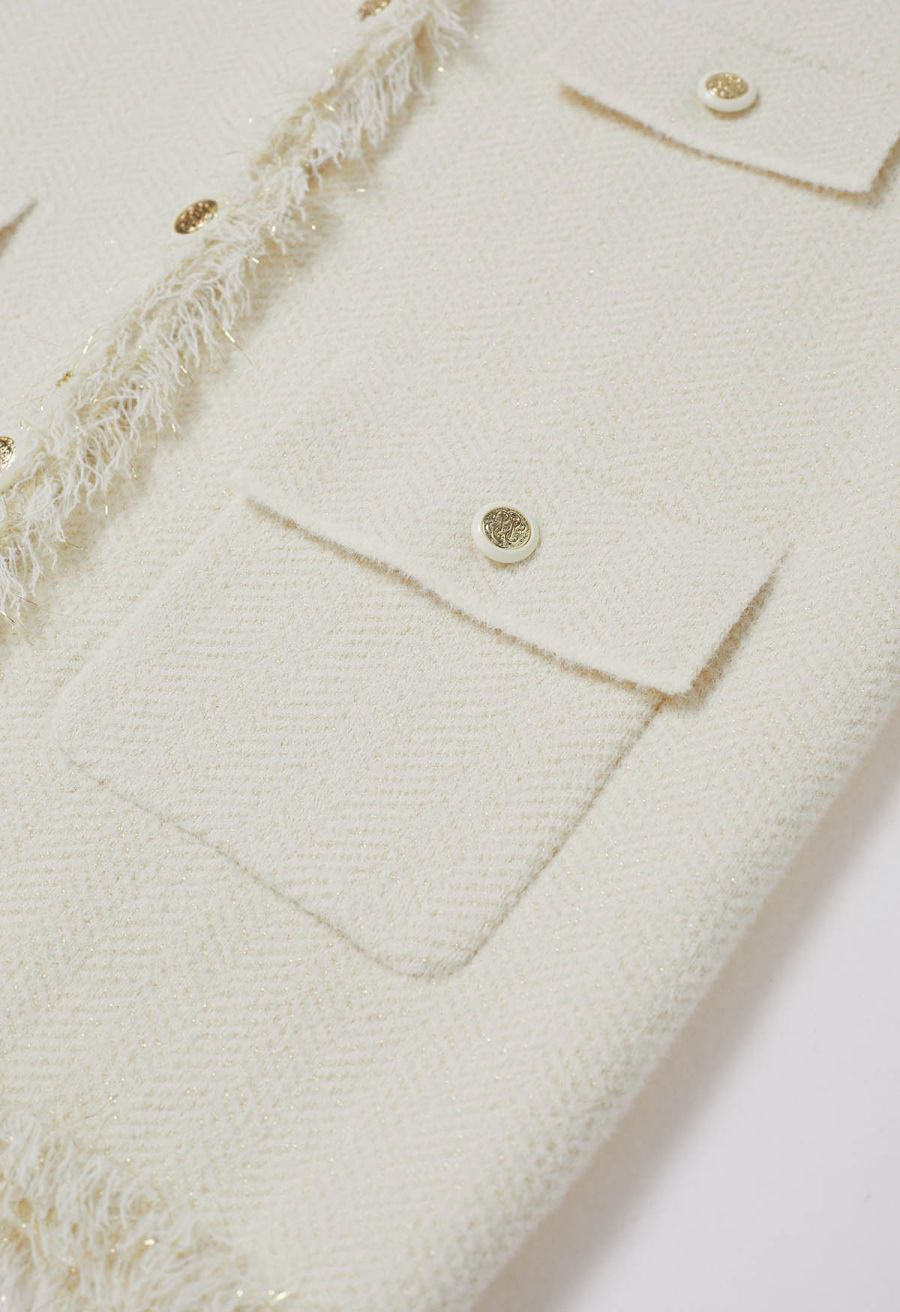 Fringed Edge Buttoned Flap Pocket Knit Vest in Cream