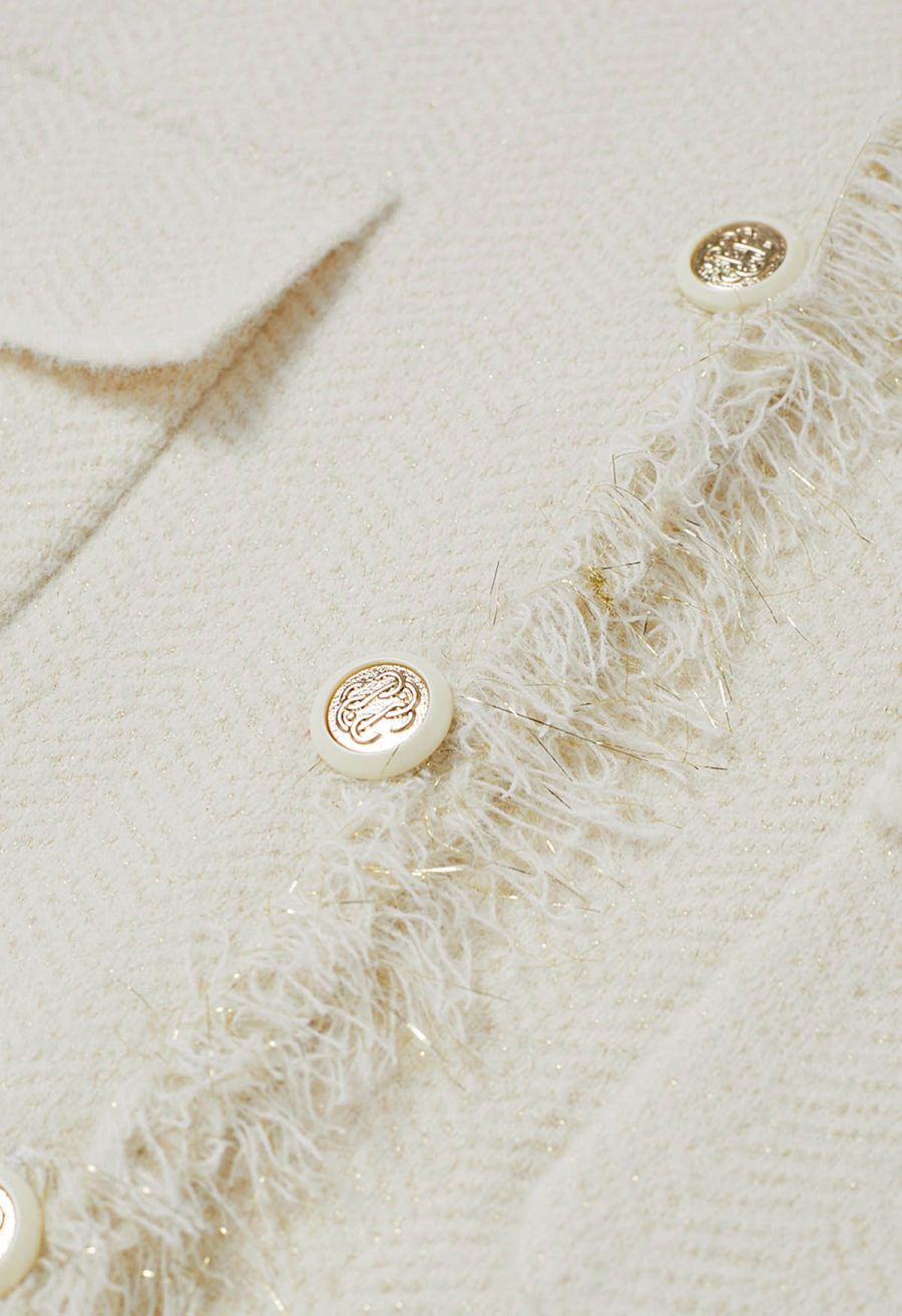 Fringed Edge Buttoned Flap Pocket Knit Vest in Cream