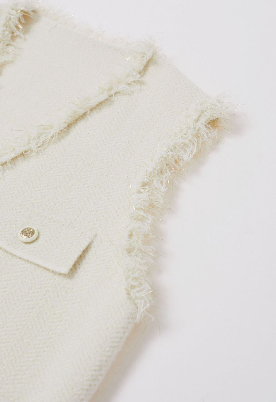 Fringed Edge Buttoned Flap Pocket Knit Vest in Cream