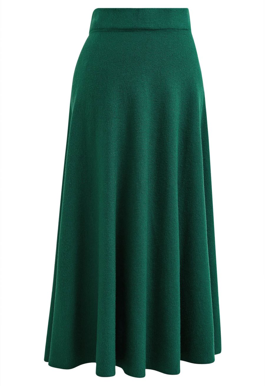 Solid Color A-Line Knit Midi Skirt in Dark Green