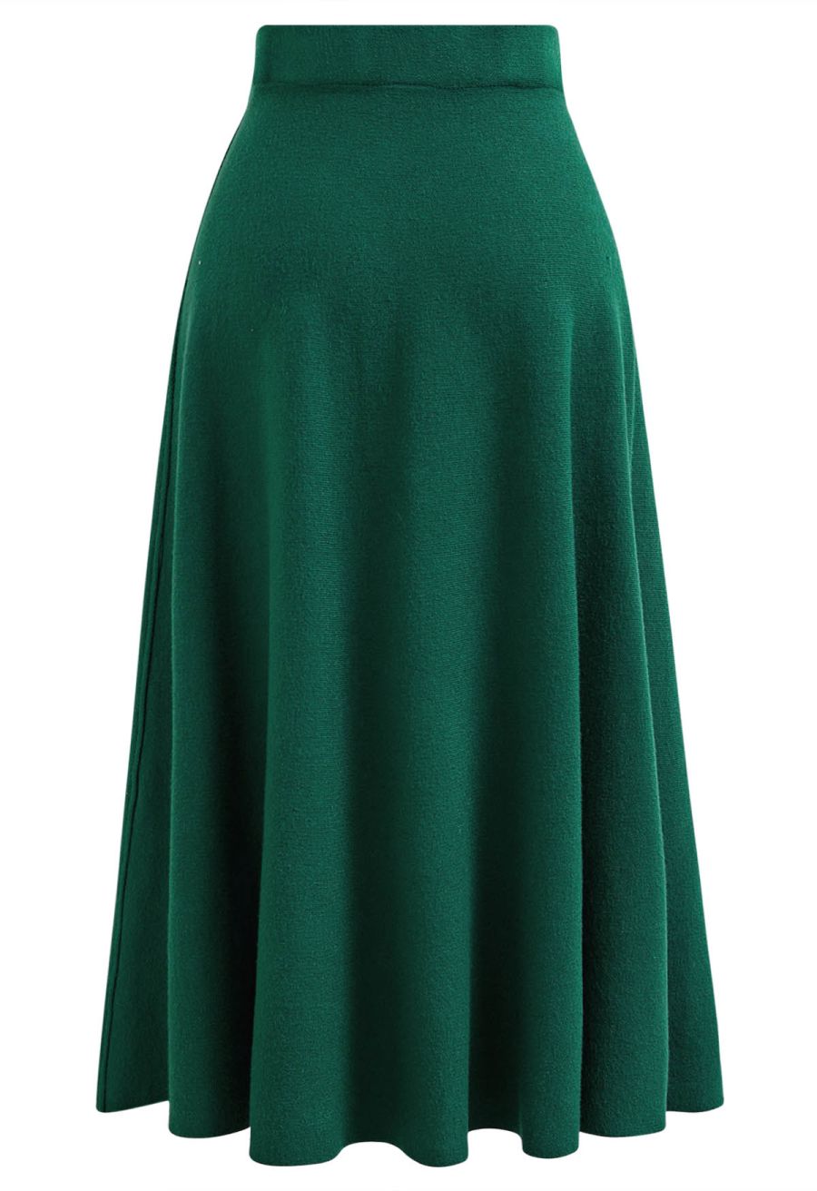 Solid Color A-Line Knit Midi Skirt in Dark Green