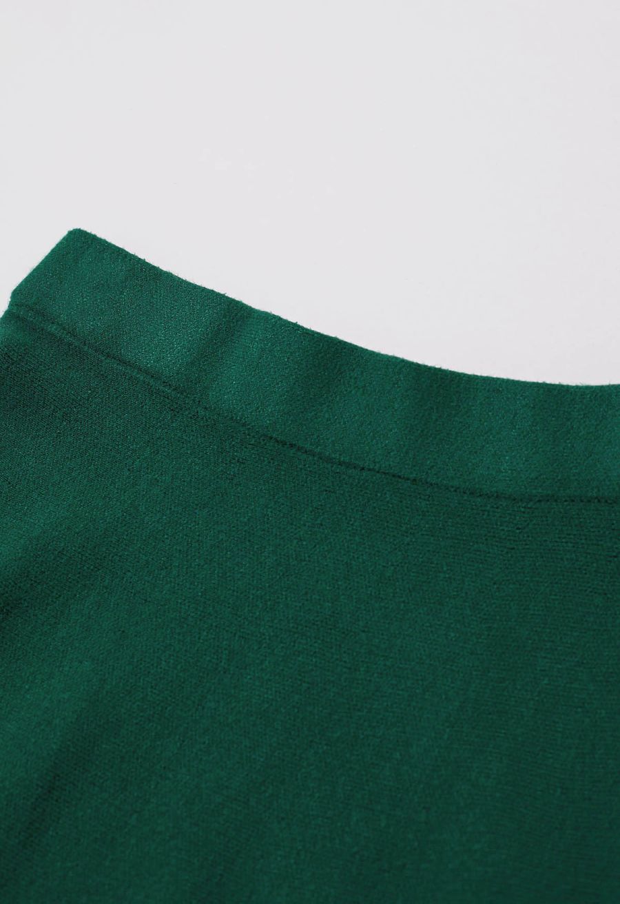 Solid Color A-Line Knit Midi Skirt in Dark Green