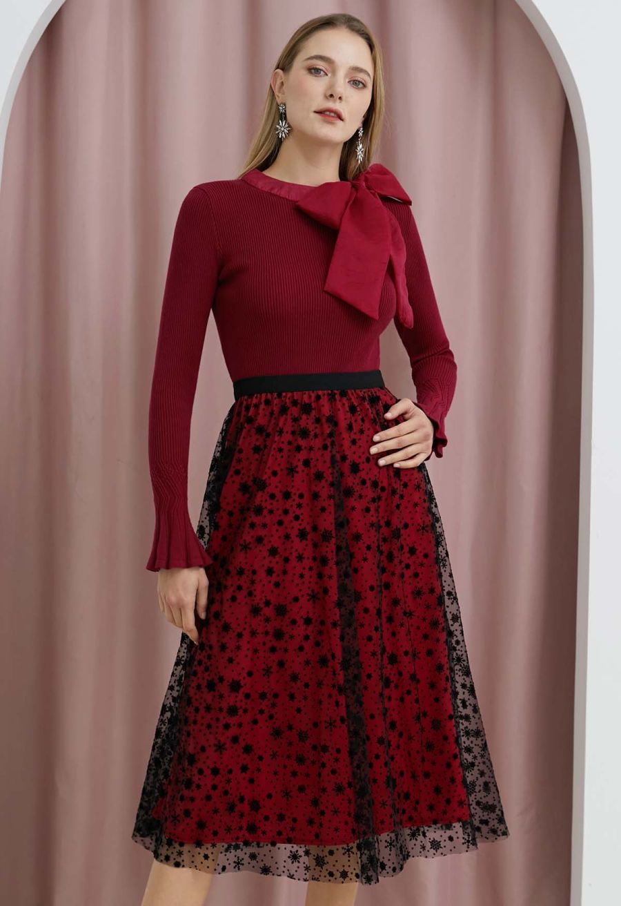 Velvet Snowflake Mesh Tulle Midi Skirt in Red
