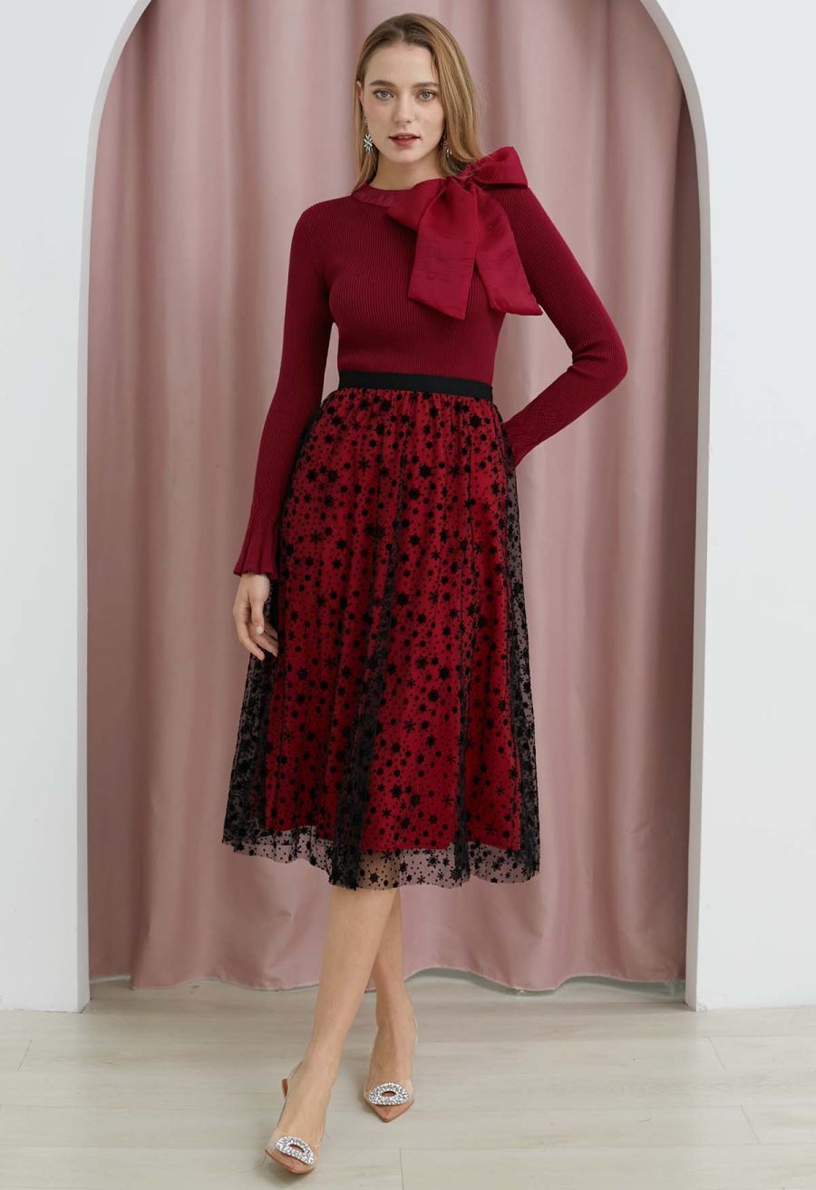 Velvet Snowflake Mesh Tulle Midi Skirt in Red