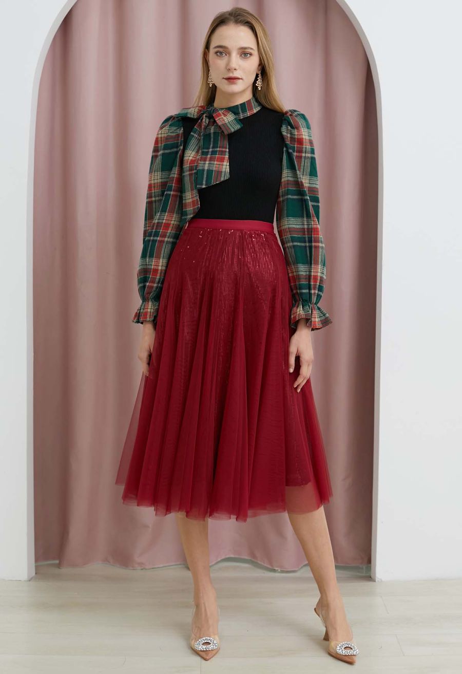 Ravishing Sequins Mesh Tulle Midi Skirt in Red