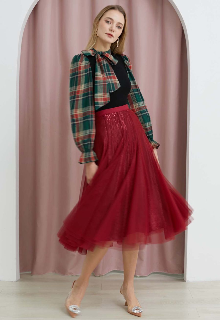 Ravishing Sequins Mesh Tulle Midi Skirt in Red