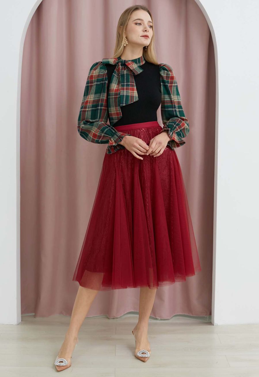Ravishing Sequins Mesh Tulle Midi Skirt in Red