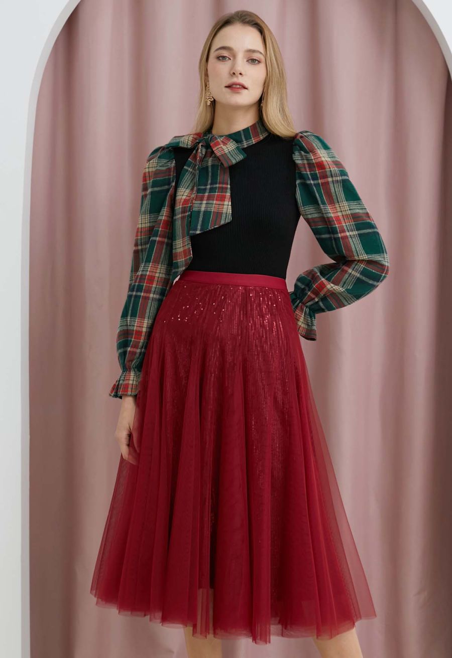 Ravishing Sequins Mesh Tulle Midi Skirt in Red