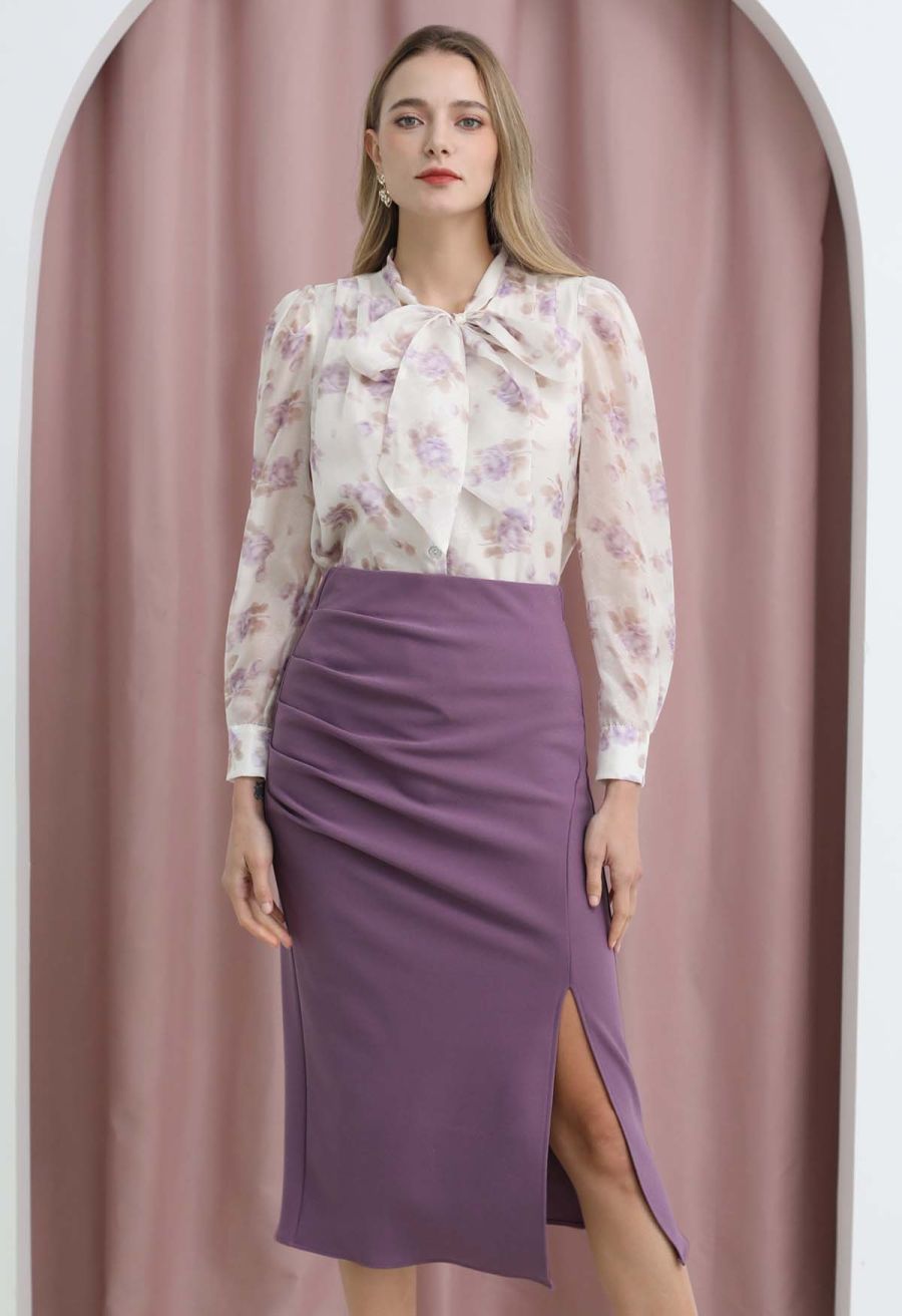 Side Pleat Front Slit Pencil Skirt