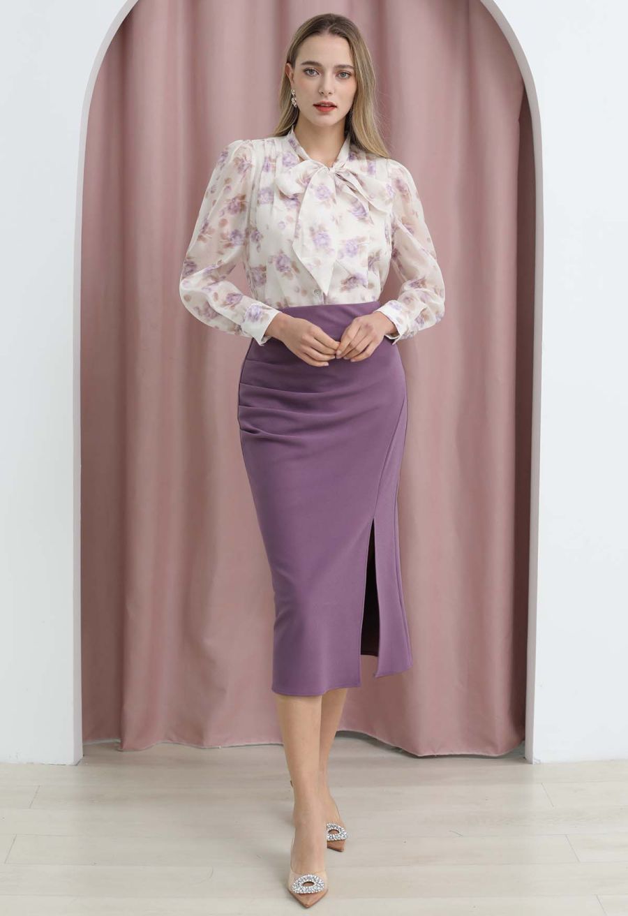 Side Pleat Front Slit Pencil Skirt