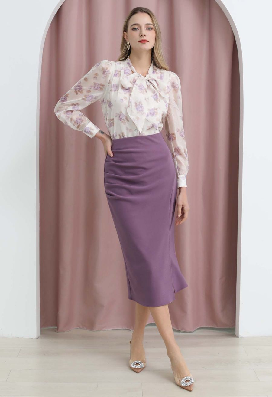 Side Pleat Front Slit Pencil Skirt