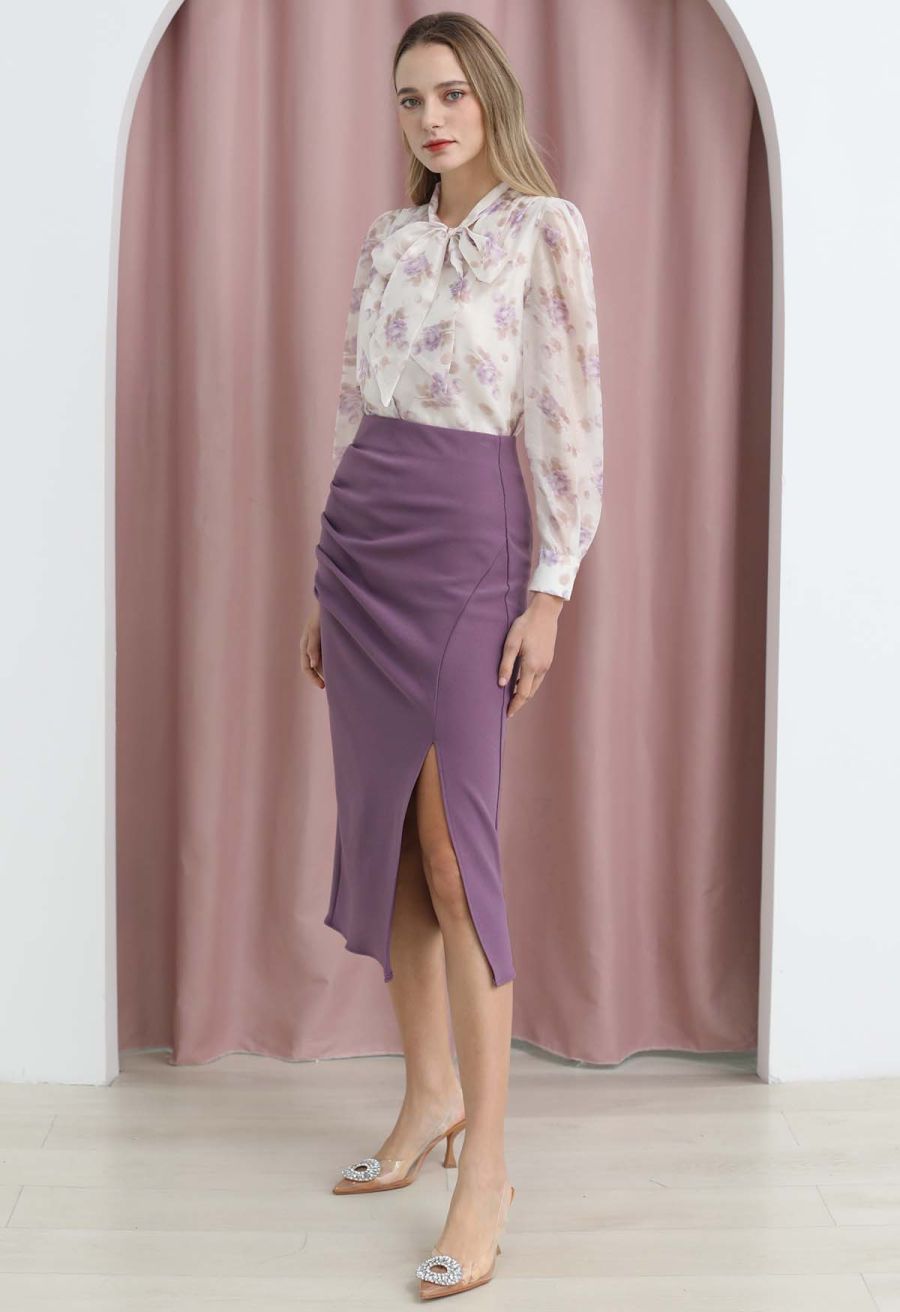 Side Pleat Front Slit Pencil Skirt