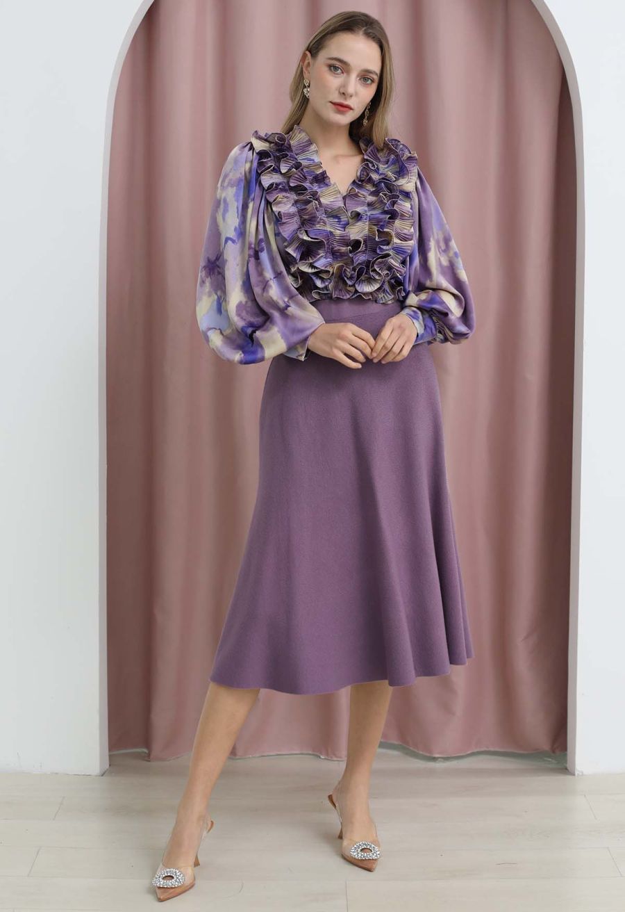 Solid Color A-Line Knit Midi Skirt in Lilac
