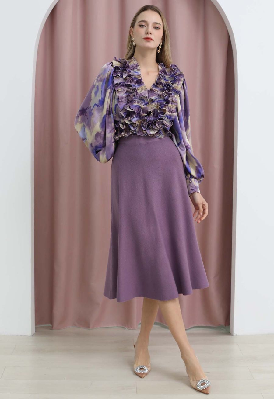 Solid Color A-Line Knit Midi Skirt in Lilac