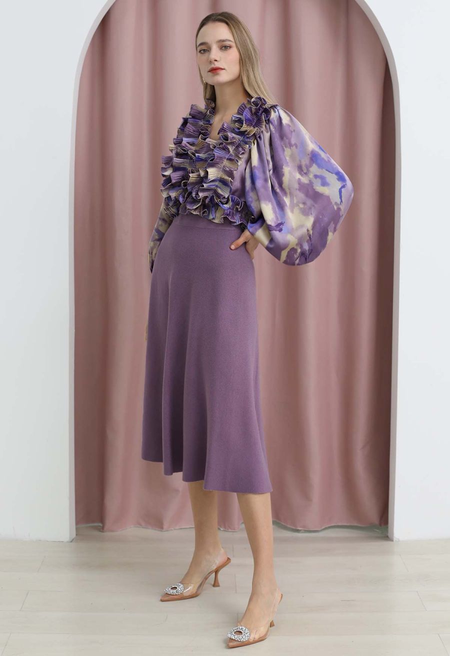 Solid Color A-Line Knit Midi Skirt in Lilac