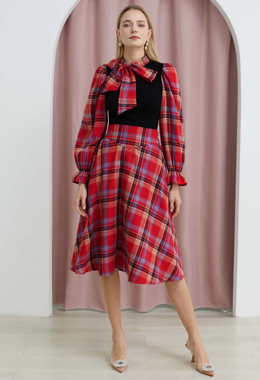 Detachable Bowknot Check Spliced Knit Top in Red