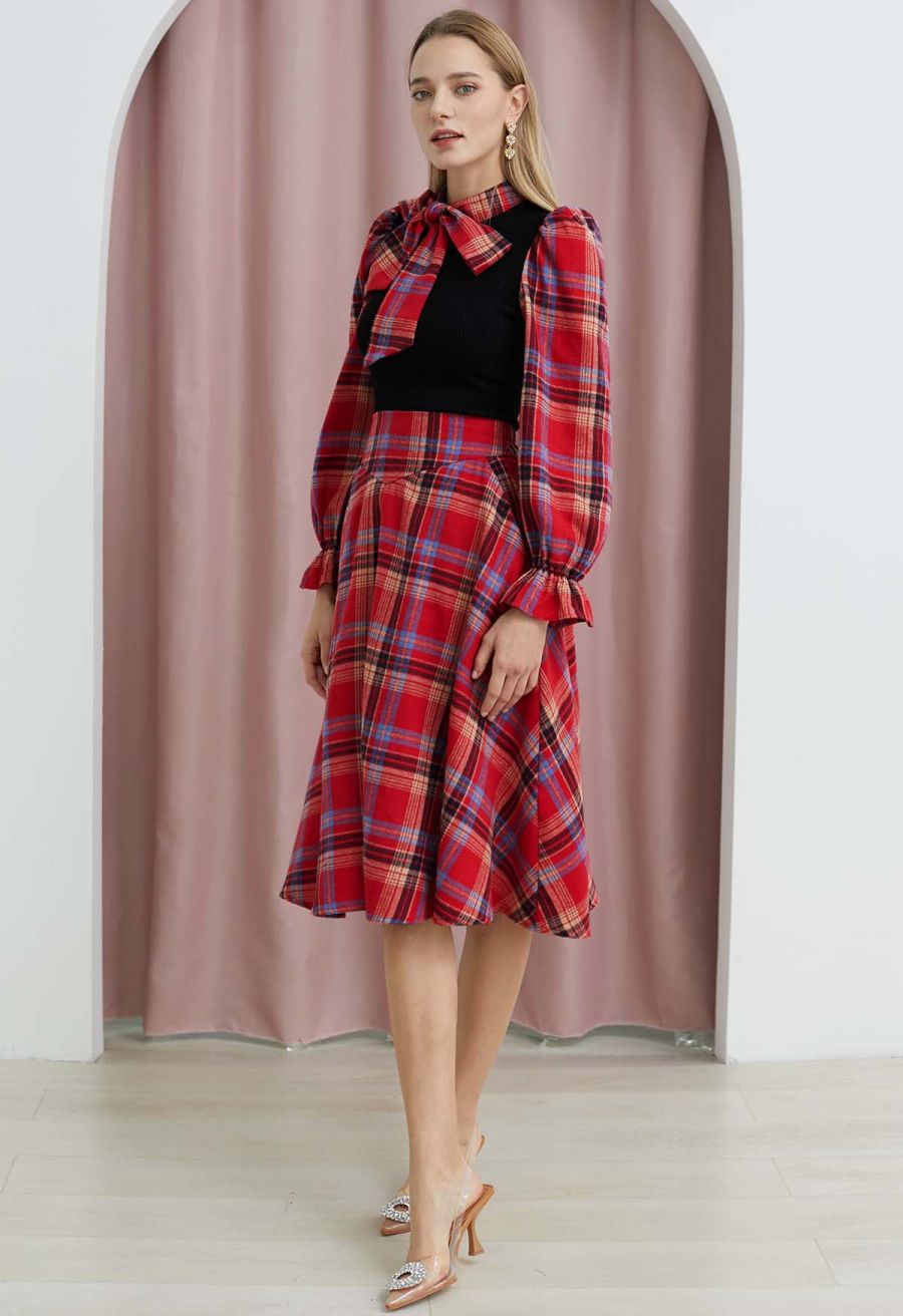 Detachable Bowknot Check Spliced Knit Top in Red